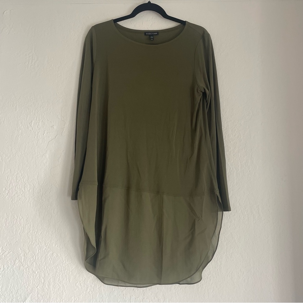 Eileen Fisher Silk Bateau Tunic in Olive Green. Size Medium - Picture 2 of 6